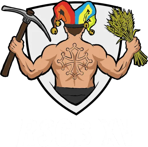 Blason du RSCB XV : un mineur au maillot de bouffon tenant une pioche et une gerbe de blé